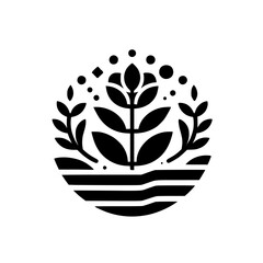 Minimalist Black and White Illustration: A stylized plant motif with symmetrical leaves, a central flower, and an enclosed landscape of horizontal stripes, evoking nature.