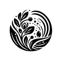 A symmetrical, minimalist black and white botanical design, forming a circular shape with stylized leaves, berries, and flowing lines, against a stark white background.