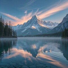 Early morning reveals a tranquil lake surrounded by towering mountains. The sky displays vibrant clouds as the sun rises, casting a soft glow over the serene water