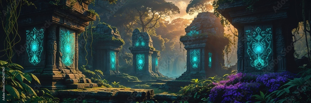 Wall mural sunlight filters through dense trees, casting a warm glow on ancient stone structures adorned with l