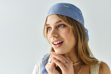 Spring vibes captured in a stylish studio setting with a cheerful young woman