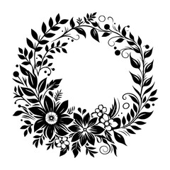 Elegant monochrome floral wreath illustration, depicting stylized flowers, leaves, and delicate swirling vines forming a symmetrical border with a clean, white background.