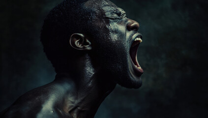 A black man is loudly expressing his feelings with a wide-open mouth in a dimly lit space, portraying raw emotion and energy