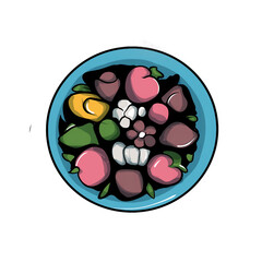 Cartoon Bowl of Sweet Soup Dessert with Colorful Ingredients Overhead View