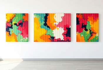 Vibrant abstract canvases in minimalist gallery setting, scene, artwork