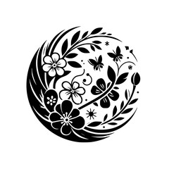 Elegant black and white circular floral design with stylized flowers, butterflies, leaves, and other natural elements, creating a harmonious composition.