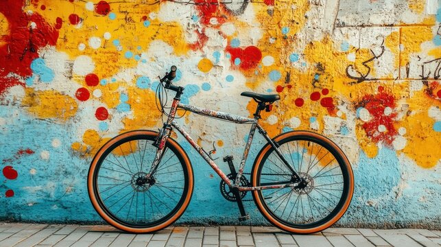 Colorful bicycle leaning against a vibrant graffiti wall.