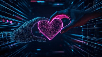 hands holding a glowing neon heart, cyberpunk aesthetic, futuristic vibe, electric blue and pink lighting, technology meets emotion, digital love, sci-fi-inspired composition - obrazy, fototapety, plakaty