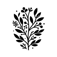 Elegant Black and White Floral Silhouette: An Oval-Shaped Arrangement of Leaves, Berries, and Blossoms on a White Background.