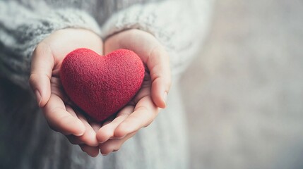 Fototapeta premium hands gently holding a red heart, soft lighting, warm and emotional atmosphere, symbol of love and care, delicate fingers, heartfelt moment, minimalistic background, touching gesture, peaceful and