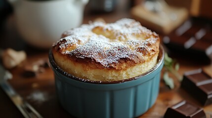Chocolate souffle with a golden top, airy and soft texture, finished with a light dusting of powdered sugar 
