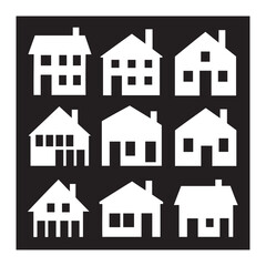 Set of house icons in vector style, representing various home designs and buildings with elements like roofs, windows, doors, and symbols of residential properties