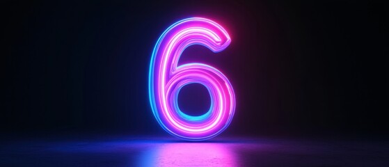 Vibrant blue to purple neon number 6 shining in black darkness