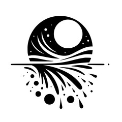 Abstract black and white illustration depicting a celestial body over water, reflected with dynamic fluid shapes.