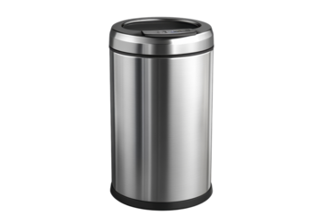 Modern stainless steel trash can epitomizing sleek convenience silently upholding cleanliness on a black backdrop in a minimalist style rendering