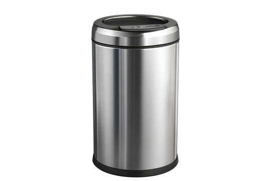 Stainless steel kitchen trash can with black lid isolated on Transparent Background