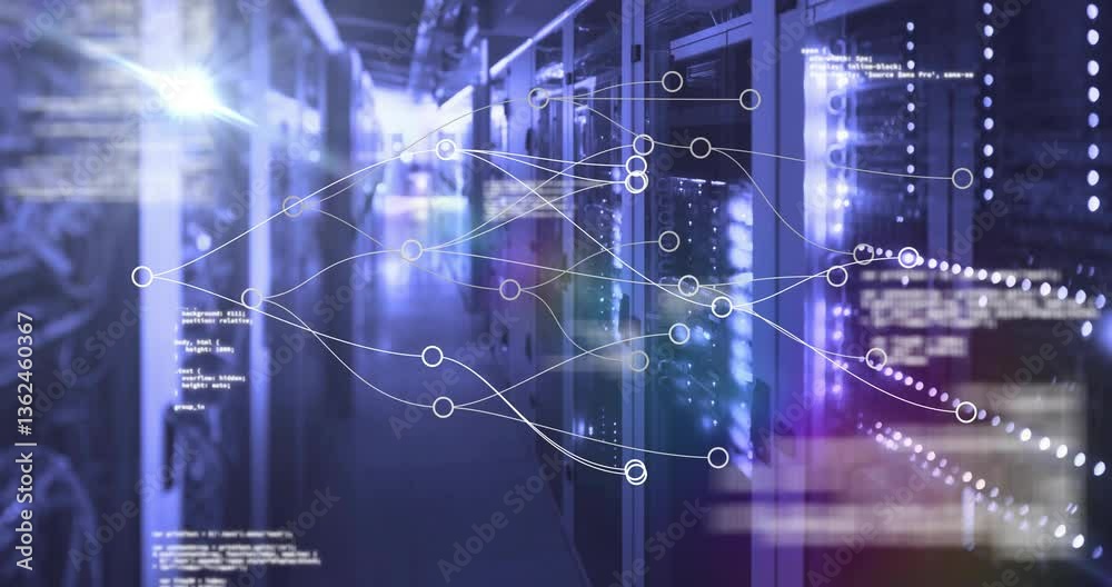 Poster network of connections and data processing animation over server room background