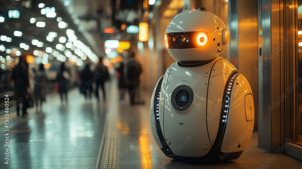 Poster A robotic surveillance unit stands at a bustling transport hub, actively monitoring and inspecting passengers while enhancing security and logistics automation efforts during peak hours.
