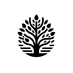 A stylized, black and white tree logo, composed of organic shapes, within an oval frame, set against a plain white background.