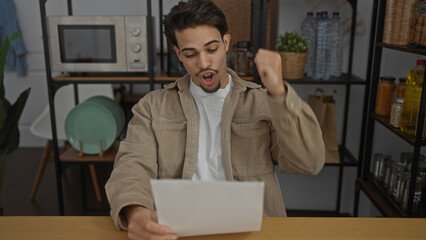 Fototapeta premium Young man celebrating success in an office setting with documents in hand, shelves stocked with items in the background, conveying a sense of achievement and motivation.