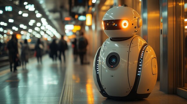 A robotic surveillance unit stands at a bustling transport hub, actively monitoring and inspecting passengers while enhancing security and logistics automation efforts during peak hours.