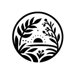 A minimalist, black-and-white circular design depicting a serene landscape with a stylized sunrise, foliage, and a simple, flat aesthetic.