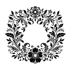 Fototapeta premium Elegant Black and White Floral Square Wreath with Detailed Foliage and Flowers, Forming a Circle for Text, a Vintage-inspired Graphic.