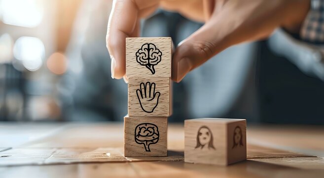 Wooden blocks with psychology and mental health symbols arranged by hand showing brain, palm, and human icons. Concept for psychological therapy and counseling.
