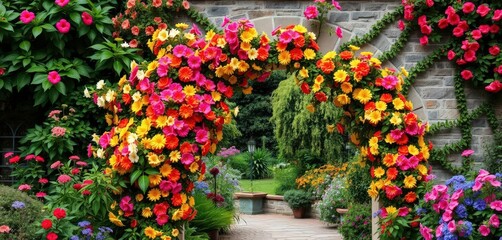 Obraz premium Vibrant flowers overflowing a charming stone archway in a lush garden, romantic, shadow