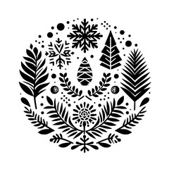 A Festive Black and White Circular Ornament: Geometric Winter Scene with Snowflakes, Pine Trees, and Floral Elements.