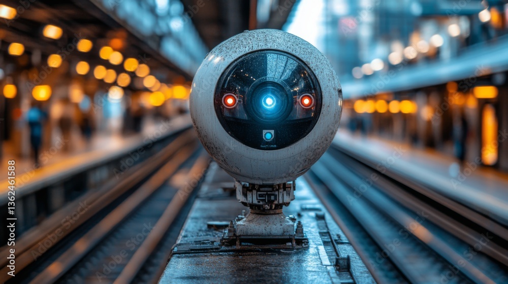 Aufkleber A surveillance camera is positioned on a platform, monitoring the busy transportation hub, ensuring security and optimizing logistics operations during peak hours.