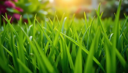 Obraz premium Vibrant green lawn, blades of grass close-up, garden background, spring, grass