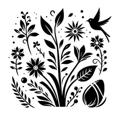 Elegant Black and White Floral Illustration with a Bird, Leaves, and an Egg, Showcasing Spring's Renewal.