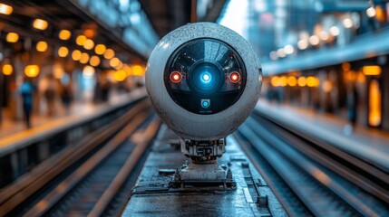 A surveillance camera is positioned on a platform, monitoring the busy transportation hub, ensuring security and optimizing logistics operations during peak hours.