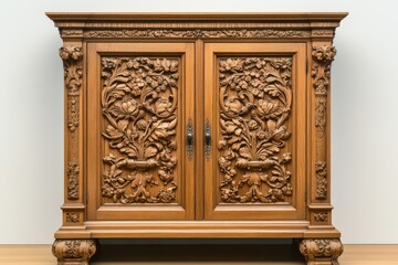 Ornate carved wooden cabinet, museum display
