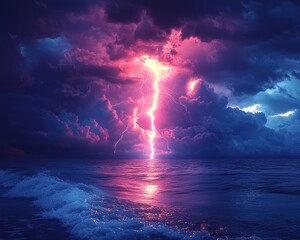 Obraz premium Dramatic lightning striking over a turbulent ocean at twilight, showcasing nature's power