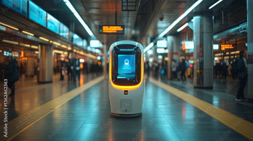 Poster A futuristic automated checkpoint is stationed in a busy underground transport hub. People navigate around as the system monitors for security and conducts inspections efficiently.