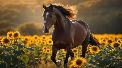 Fototapeta premium A horse gallops through a vibrant sunflower field at sunset, showcasing nature's beauty.
