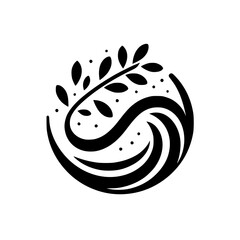 Elegant black and white logo featuring a stylized leaf branch arching over flowing wave-like shapes, adorned with scattered dots on a white background.
