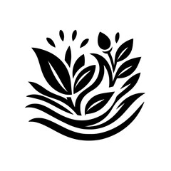 Stylized black and white nature-themed artwork featuring sprouting leaves and a bud, positioned above stylized water waves, evoking a sense of growth and balance.