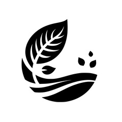 A minimalist black and white design featuring a large leaf with veins, a small leaf, three seeds, and stylized ground elements, embodying organic growth and simplicity.