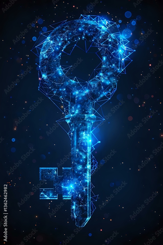 Poster glowing blue key formed by connected dots and lines on dark background with bokeh effect and particl