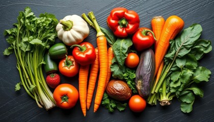 Vibrant organic vegetables arranged artfully on dark slate, healthy eating,  nutrition