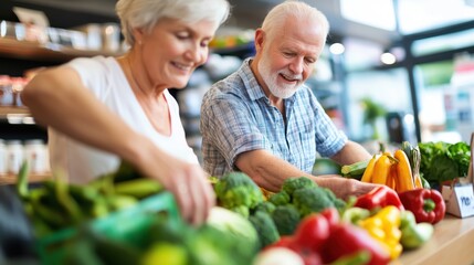 Senior couple sorting vegetables in grocery store teamwork