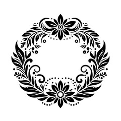 Intricate black and white floral wreath design with stylized leaves, flowers, dots, and decorative swirls, perfect for framing text.