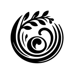 Abstract Black and White Composition with a Leafy Sprig and Swirling, Wave-Like Forms in a Circular Arrangement, Suggesting Harmony.