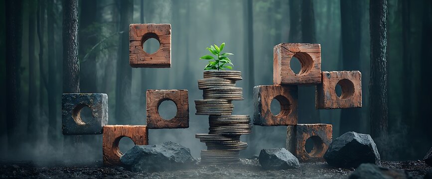 Wooden Blocks Plant Growth Sustainability Concept Image