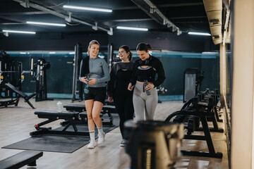 Three women in active wear sharing a moment of camaraderie at the gym, highlighting fitness,...