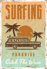Vintage surfing poster with classic car, palm trees and sunset. Retro style vector illustration perfect for beach, travel, and summer themed designs, t-shirts, and prints