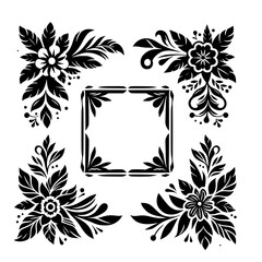 Ornate Black Floral Corner Designs and Square Frame, Elegant Monochrome Decorative Elements on White Background
